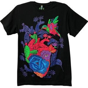Esquizo Evil Eye Heart Hummingbird Puff Paint Graphic Black Tee Shirt Small Rare